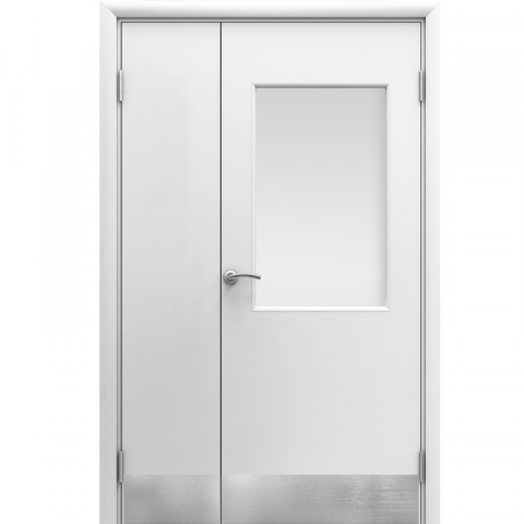 Дверь белая гладкая остекленная полуторная с отбойной пластиной